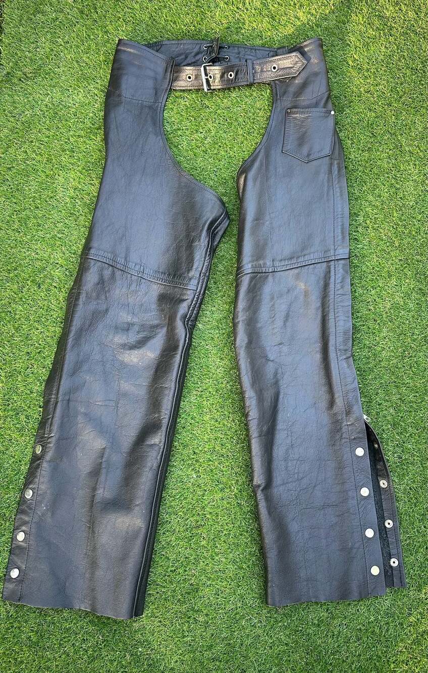 Vintage Genuine Leather Motorcycle Biker Chaps with Snap and Zip Closure